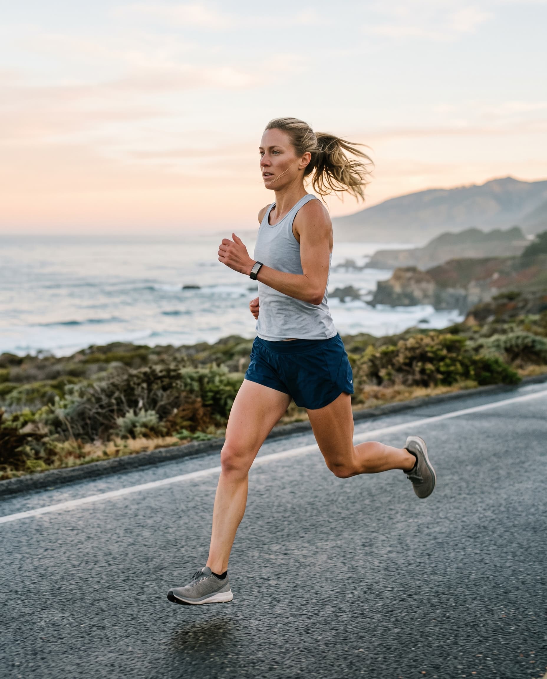 A runner on a coastal road at sunrise wearing a black PACE Band
